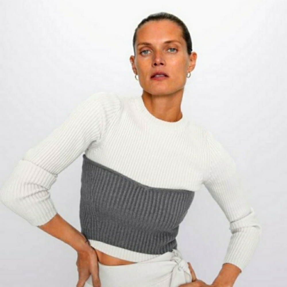 ZARA Cream Knit Sweater,Gray Overlay Knit Corset SET